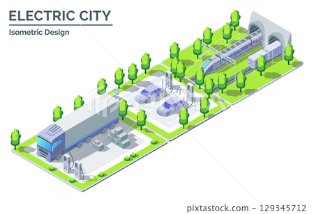 Cartoon Color Train, Electro Car, Truck and Charging Station Electric City Transportation Concept 3d Isometric View Line Elements. Vector illustration 129345712