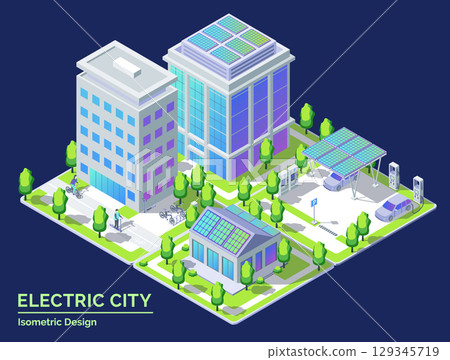 Cartoon Color Bicycle, Scooter, Parking Area,Office and House Building with Solar Panels Electric City Transportation Concept 3d Isometric View Line Elements. Vector illustration Cartoon Color Bicycle, Scooter, Parking Area,Office and House Building with Solar Panels Electric City Transportation Concept 3d Isometric View Line Elements. Vector illustration 129345719