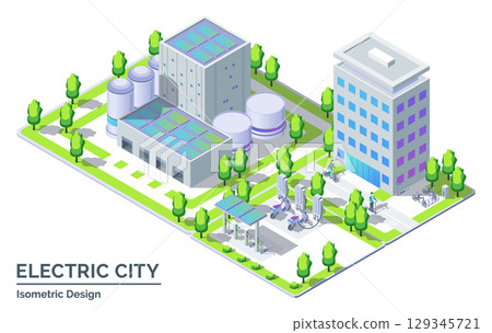 Cartoon Color Renewable Solar Electricity Energy Factory, Bicycle, Scooter and Charge Station Electric City Transportation Concept 3d Isometric View Line Elements. Vector illustration Cartoon Color Renewable Solar Electricity Energy Factory, Bicycle, Scooter and Charge Station Electric City Transportation Concept 3d Isometric View Line Elements. Vector illustration 129345721