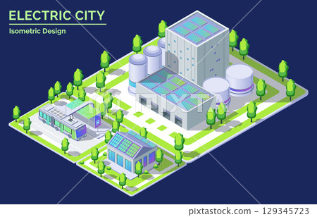 Cartoon Color Renewable Solar Electricity Energy Factory, Bus and House Building with Solar Panels Electric City Transportation Concept 3d Isometric View Line Elements. Vector illustration 129345723