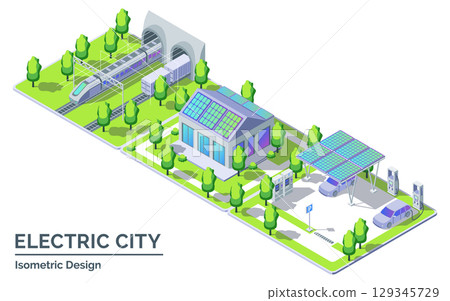 Cartoon Color Train, House with Solar Panels and Parking with Charge Station Electric City Transportation Concept 3d Isometric View Line Elements. Vector illustration 129345729