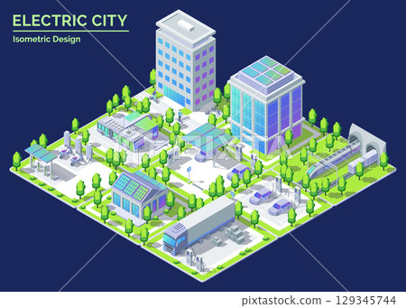 Cartoon Color Cityscape on Platform Electric City Transportation Concept 3d Isometric View Line Elements. Vector illustration 129345744