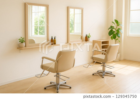 Interior of a modern beauty salon with two chairs and mirrors. 129345750