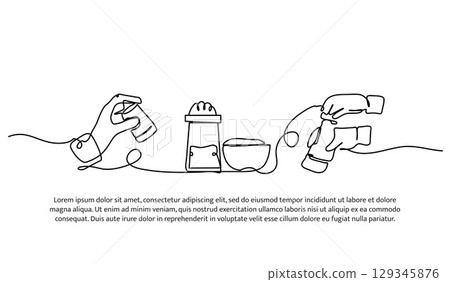 Continuous line design of black pepper powder seasoning. Single line decorative element drawn on white. 129345876