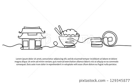 Continuous line design of eat at a chinese restaurant and pay with coin. Single line decorative element drawn on white. 129345877