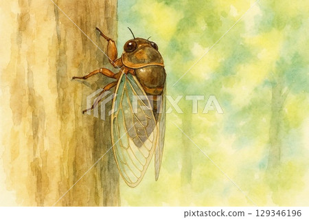 In the summer, cicadas cling to trees and chirp enthusiastically 129346196
