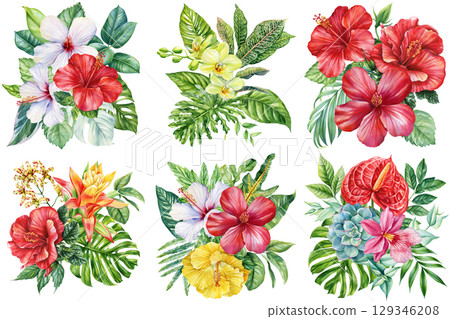 tropical floral bouquet set with hibiscus orchid anthurium and exotic leaves in watercolor botanical summer collection 129346208