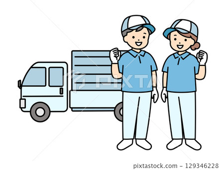 Truck and male and female workers, delivery staff, moving 129346228