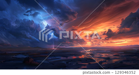 Fiery thunderstorm in the night sky over the forest, Storm on the sea, Stormy sky - Ai Generated 129346352