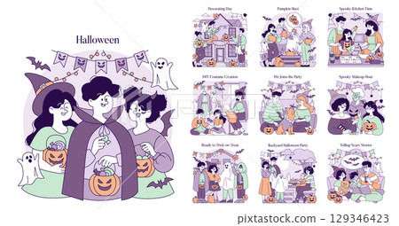 Halloween-themed vector illustration features fun activities such as costume creation, trick-or-treating, and telling scary stories. Characters enjoy festive decorations and Halloween treats. 129346423