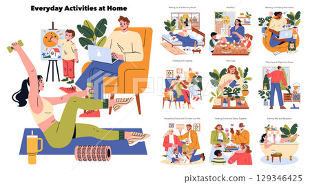 Vector illustration depicting diverse home activities including exercise, work, art, and family time. People engage in hobbies, chores, and relaxation, highlighting daily routines. Vector illustration depicting diverse home activities including exercise, work, art, and family time. People engage in hobbies, chores, and relaxation, highlighting daily routines. 129346425
