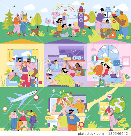 Vector illustration depicting diverse groups of people engaging in outdoor activities, digital communication, and collaborative work. Emphasizes community interaction, teamwork, and global 129346442