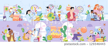 Scientists in a microbiology lab are engaged in various activities focusing on microorganism research and analysis. The illustration depicts teamwork and scientific exploration. Scientists in a microbiology lab are engaged in various activities focusing on microorganism research and analysis. The illustration depicts teamwork and scientific exploration. 129346443