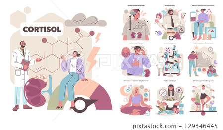 Vector illustration exploring cortisol's impact on health. Depicts stress effects, related diseases, prevention tips, and lifestyle management strategies with visual guides. Vector illustration exploring cortisol's impact on health. Depicts stress effects, related diseases, prevention tips, and lifestyle management strategies with visual guides. 129346445