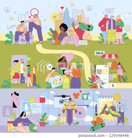 Colorful vector illustration depicting diverse individuals engaging in fashion activities, from eco-friendly clothing design to online shopping and artificial intelligence in fashion. 129346446
