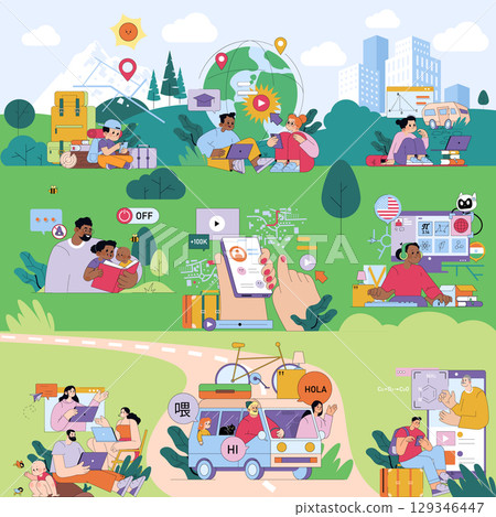 Vector illustration depicting digital nomads working remotely in diverse outdoor settings, engaging in online education, global travel, and lifestyle activities. Characters interact with technology 129346447