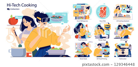 Innovative vector illustration showcasing hi-tech cooking with VR technology. Features smart kitchen gadgets like AI assistants, sous vide, and 3D food printing for futuristic culinary experiences. 129346448
