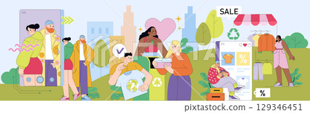 Vector illustration depicting a vibrant sustainable fashion market. Diverse individuals browsing and buying eco-friendly clothing, emphasizing recycling and sustainability symbols. Vector illustration depicting a vibrant sustainable fashion market. Diverse individuals browsing and buying eco-friendly clothing, emphasizing recycling and sustainability symbols. 129346451