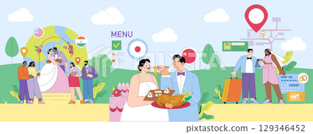 Vibrant vector illustration showing diverse couples celebrating weddings with cultural themes. Scenes include a couple dining with international cuisine and couples enjoying a travel-themed wedding. 129346452