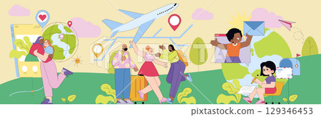 Vector illustration depicting global communication, travel, and connection. Features diverse people hugging, traveling, sending messages, and writing letters, symbolizing worldwide connectivity. 129346453