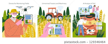 Vector illustration highlighting agricultural technology advancements. Features drones monitoring fields, unmanned tractors, and AI soil analysis. Presents modern farming innovations. 129346464