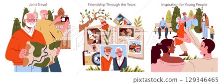 Vector illustration of two elderly friends sharing travel memories and embracing joy in their golden years. Captures delightful interactions, nostalgia, and adventure in vibrant scenes. 129346465