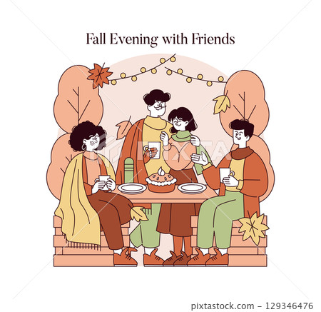 Friends enjoy a cozy autumn evening outdoors, sharing drinks and snacks. The vector illustration captures a warm, inviting atmosphere with laughter and camaraderie. 129346476