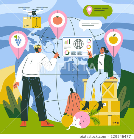Vector illustration depicting two people interacting with agriculture data on a global map. They use tools to analyze and discuss farming trends, symbols, and logistics. 129346477
