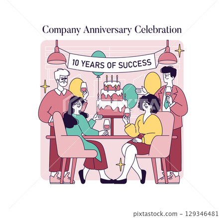 Vector illustration of a company anniversary celebration featuring colleagues raising glasses in a toast. A banner displays "10 YEARS OF SUCCESS" above a layered cake with candles. 129346481