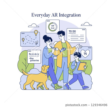 Vector illustration of a family using augmented reality devices for daily activities. Includes tracking reminders, fitness goals, and navigation while walking with their dog. 129346496