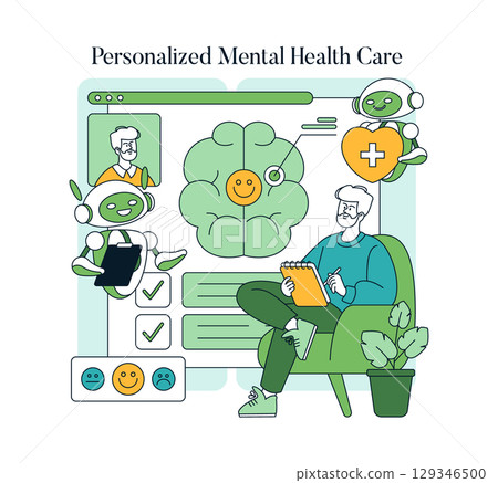 Vector illustration depicting a person analyzing mental health data with AI robots. Emphasizes personalized mental health care, technology, and emotional well-being support. 129346500