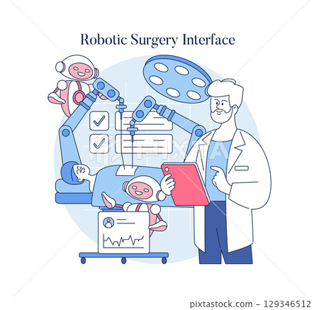 Vector illustration depicting a robotic surgery interface with a surgeon overseeing robotic arms performing a medical procedure. Includes medical technology elements and patient monitoring. Vector illustration depicting a robotic surgery interface with a surgeon overseeing robotic arms performing a medical procedure. Includes medical technology elements and patient monitoring. 129346512