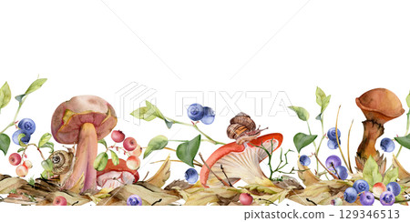 Russula webcap bolete slippery jack mushroom, snail on cap, cranberry blackberry on fallen autumn leaves pile, berries twigs. Forest floor. Fungi seamless banner header hand drawn in watercolor. Russula webcap bolete slippery jack mushroom, snail on cap, cranberry blackberry on fallen autumn leaves pile, berries twigs. Forest floor. Fungi seamless banner header hand drawn in watercolor. 129346513