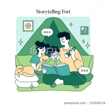 Father reading a bedtime story to his children under a homemade tent, creating a magical storytelling fort. Father reading a bedtime story to his children under a homemade tent, creating a magical storytelling fort. 129346516