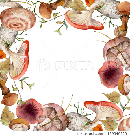 Bolete cep russula suillus mushroom with leaves twigs pine needles. Watercolor hand drawn fungi border square frame. Autumn forest harvest, vegan cooking edible raw ingredient. Scrapbooking cover art 129346523
