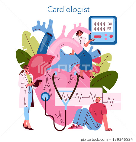Vector illustration featuring a doctor and patients interacting with a large anatomical heart diagram. Emphasizes cardiology, healthcare, and patient-doctor interaction. 129346524