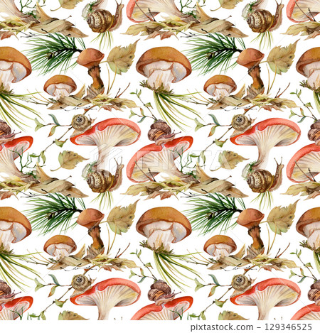 Russula suillus webcap larch bolete slippery jack mushroom. Crawling snail on cap, on top of fallen autumn leaves pile with twigs, pine needles. Fungi natural seamless pattern hand drawn in watercolor 129346525