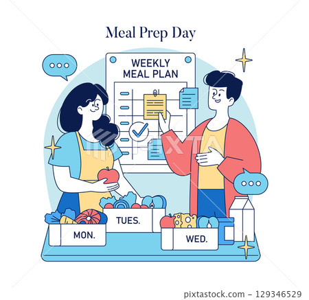 Vector illustration depicting two people organizing a weekly meal plan. The calendar highlights different meals for each day, with food items like fruits and vegetables displayed. 129346529