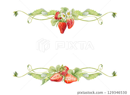 Strawberry hanging on stems with vines tendrils, ripe garden berry pineberry strasberry. Isolated hand drawn watercolor vignette frame. Farmers market, eco gardening calendar, food packaging cards Strawberry hanging on stems with vines tendrils, ripe garden berry pineberry strasberry. Isolated hand drawn watercolor vignette frame. Farmers market, eco gardening calendar, food packaging cards 129346530