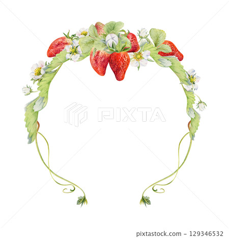 Strawberry growing with leaves flowers vines tendrils wreath, ripe garden berry pineberry strasberry. Isolated hand drawn watercolor crown garland frame. Farmers market, wedding menu, food packaging 129346532