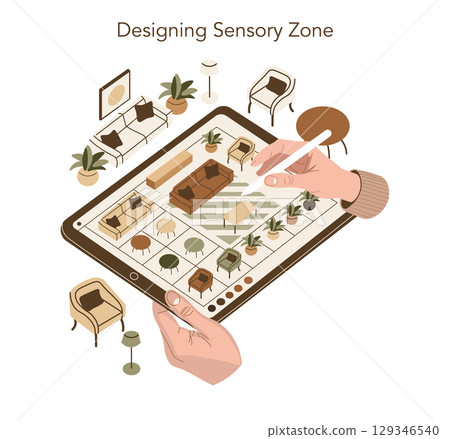 Vector illustration of hands holding a tablet, using a stylus to design a sensory zone layout. Includes furniture, plants, and decor elements, showcasing interior planning. 129346540