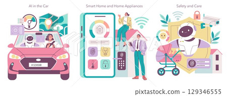 Vector illustration depicting AI in a car with a human driver, smart home appliances, and security features. Demonstrates technology integration in daily life with a focus on automation and safety. 129346555