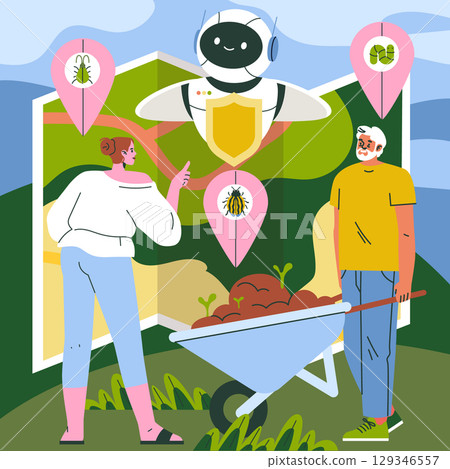 Vector illustration of a robot helping farmers identify and manage pests. Two individuals discuss strategies with the aid of a high-tech robotic assistant on a farm. 129346557