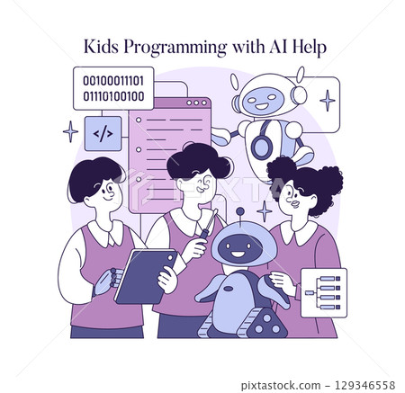Vector illustration showing children engaged in programming activities with AI. Features happy kids interacting with robots and code on digital devices, illustrating fun learning experiences. Vector illustration showing children engaged in programming activities with AI. Features happy kids interacting with robots and code on digital devices, illustrating fun learning experiences. 129346558