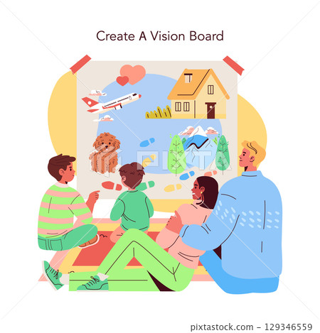 Vector illustration of a family gathered around creating a vision board. They use colorful images and symbols to express goals and dreams, fostering creativity and togetherness. 129346559