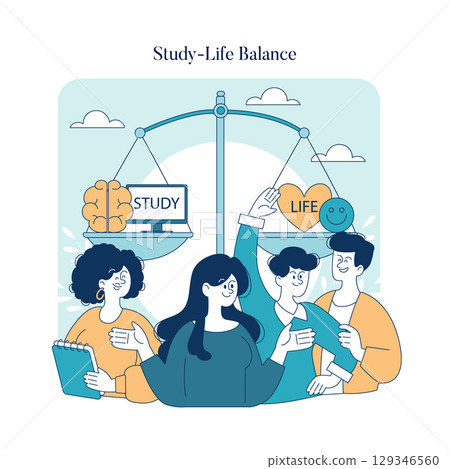 Vector illustration depicting individuals exploring a balanced approach to study and life. Features a scale with study and life elements, illustrating time management and wellness. 129346560