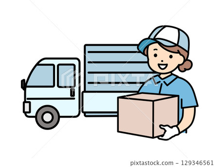 Truck and female worker, delivery staff, moving, upper body 129346561