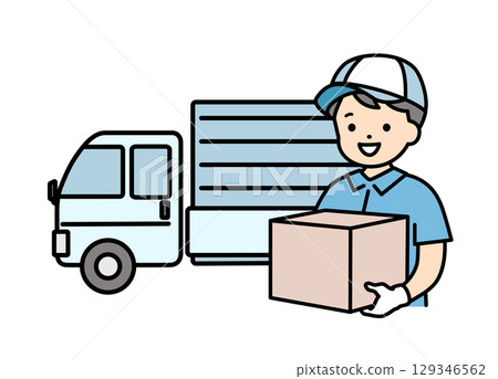 Truck and worker male delivery staff moving upper body 129346562
