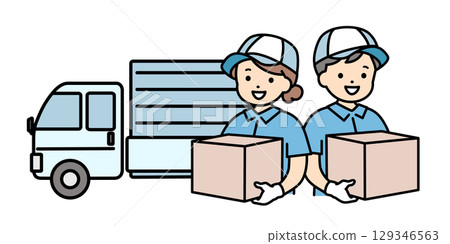 Truck and worker male and female delivery staff moving upper body 129346563