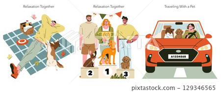 Vector illustration showing three scenes: a person relaxing with a dog at a picnic, individuals celebrating a pet competition, and a person traveling in a car with two dogs. The scenes capture joyful Vector illustration showing three scenes: a person relaxing with a dog at a picnic, individuals celebrating a pet competition, and a person traveling in a car with two dogs. The scenes capture joyful 129346565